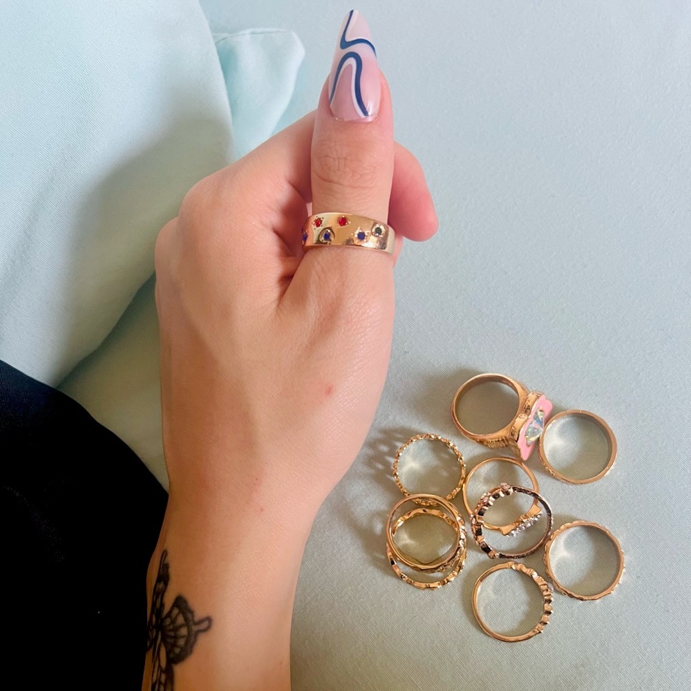 10pc ring set gold-plated, most from nordstrom rack + tilly’s